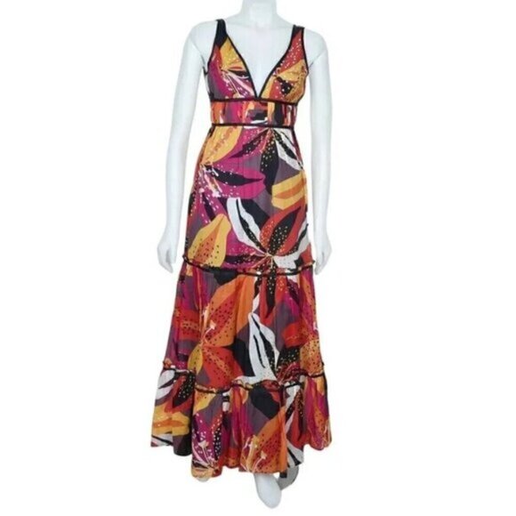 Marciano Orange Brown Tropical Floral Cotton Silk Maxi Dress Size  XS - Picture 1 of 8